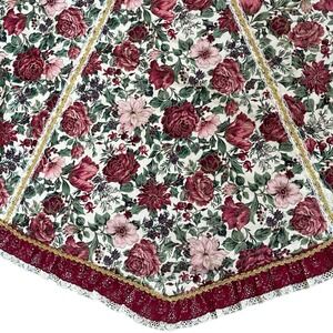 Vintage Christmas Tree Skirt Burgundy Rose Floral Lace Quilted Granny Cottage